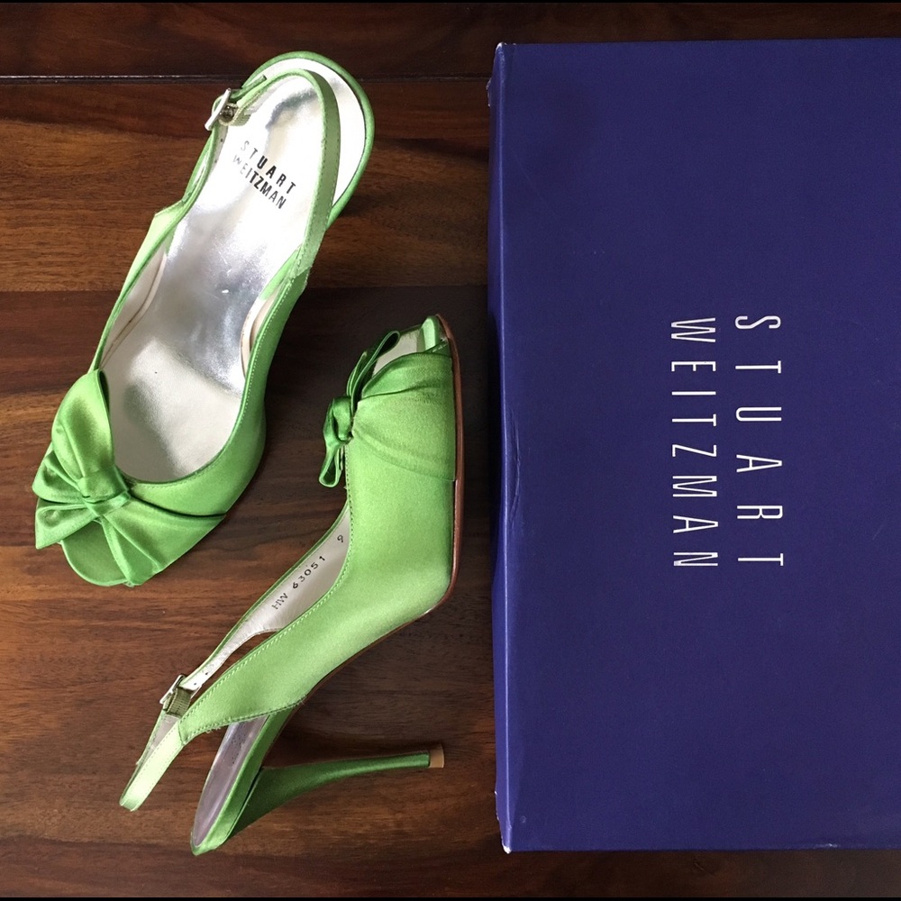 Stuart Weitzman Lime Green Satin Slingback Heels